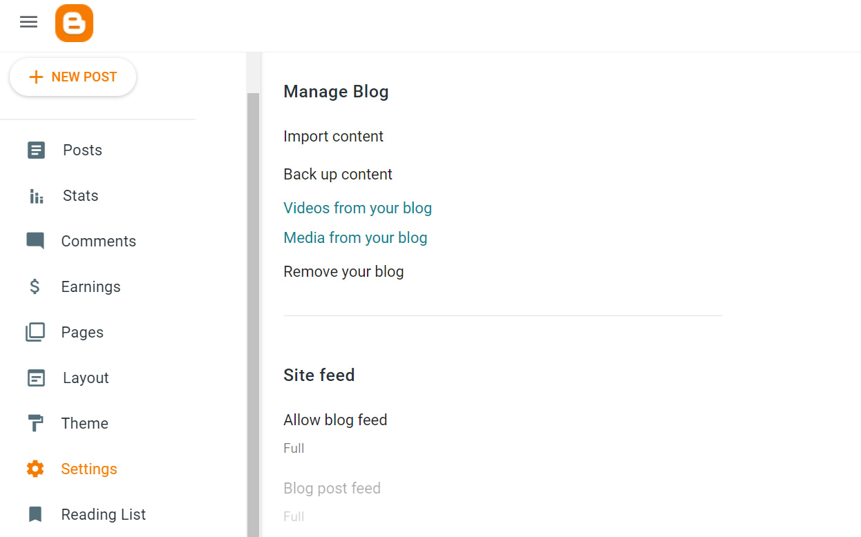 The Manage Blog section in Blogger