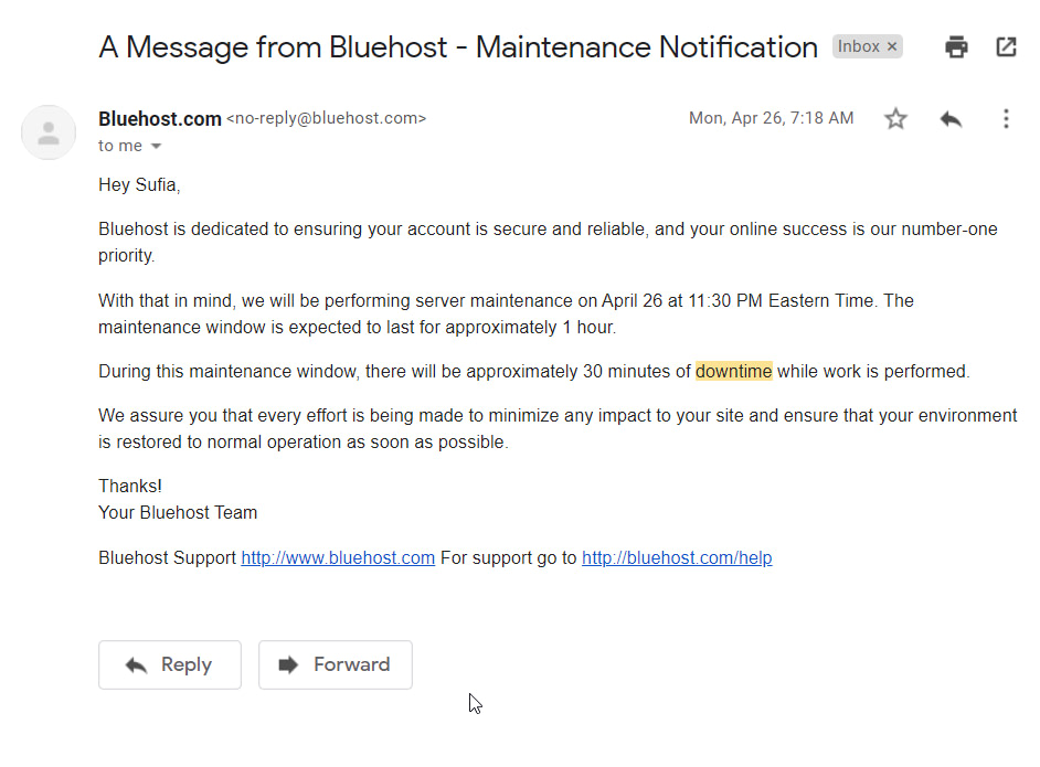 502 bad gateway error with WordPress can occur when servers are taken offline. Bluehost shares a maintenance email to prepare customers