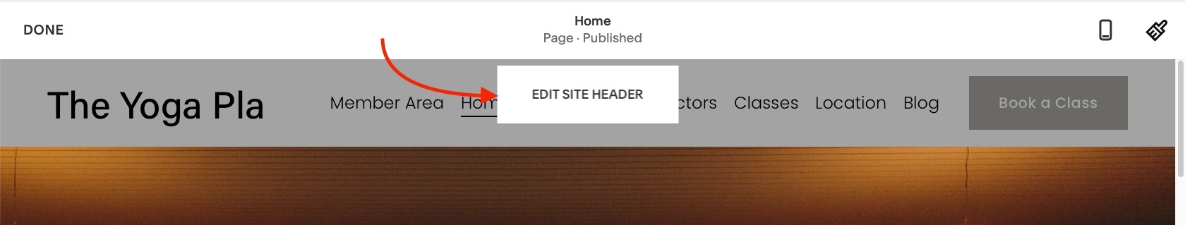 Accessing the header options in the Squarespace tutorial