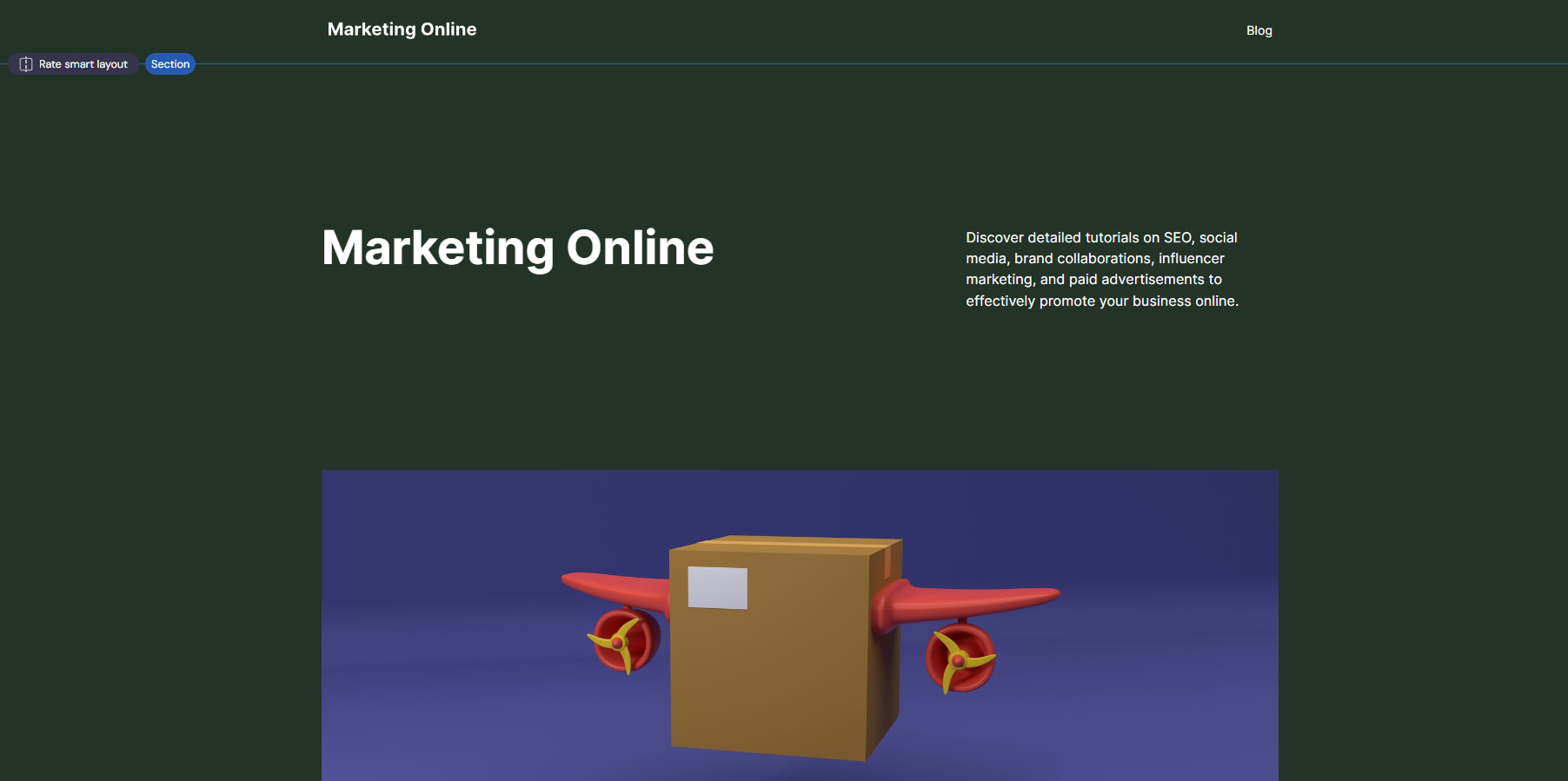 Forest green website with the header "Marketing Online" on one side and a short blurb about detailed tutorials on the other side.