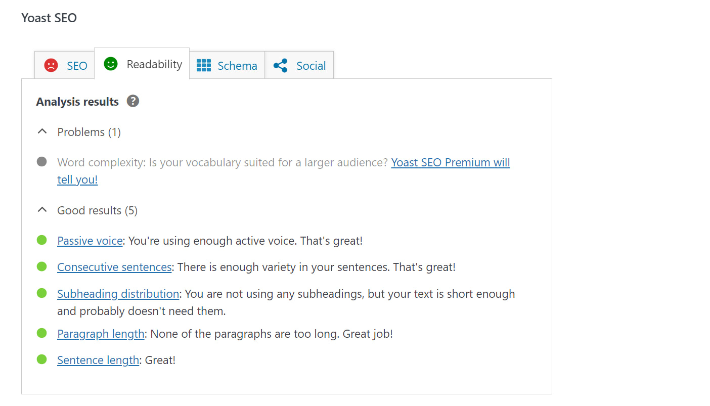 Readability suggestions from Yoast SEO.