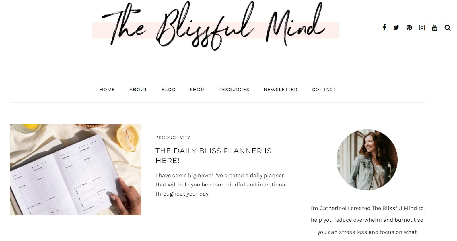 The Blissful Mind blog on self-care, which is one of the most profitable blog niches in 2024.