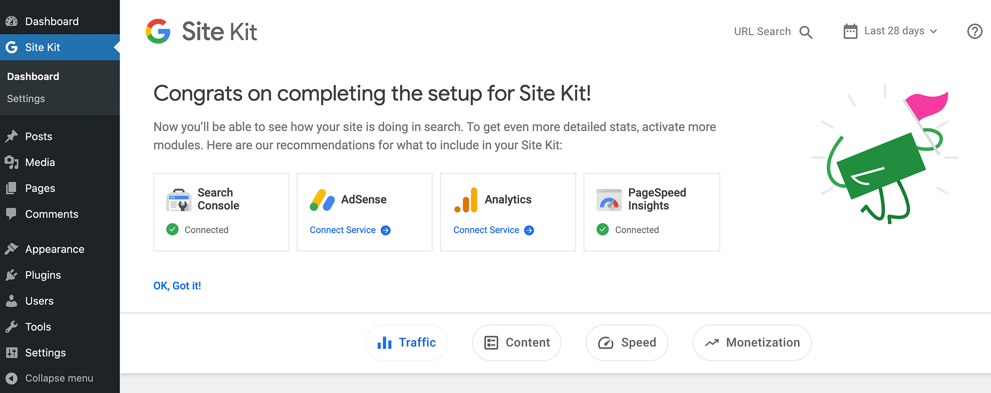 The Google Site Kit dashboard.