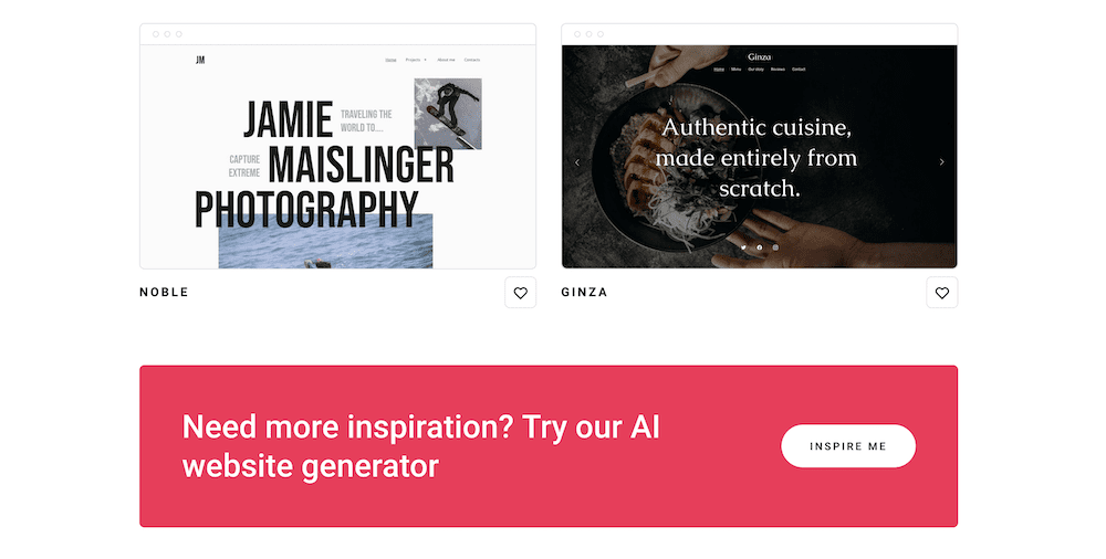 Zyro website builder review: The Zyro template library, showing an AI site generator button.