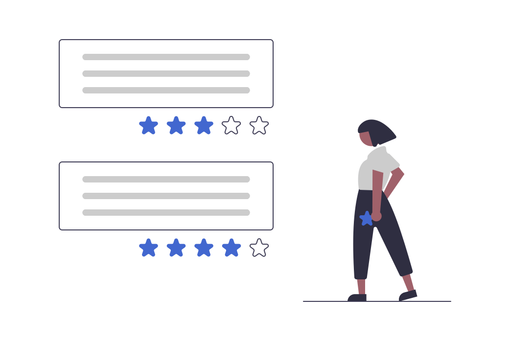 An artistic rendition of a woman standing beside a 3-star review and a 4-star review to illustrate this blog post idea.