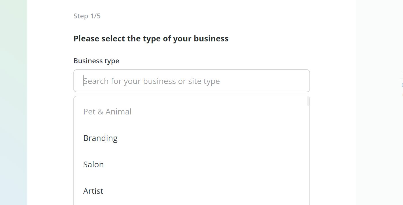 Being prompted to select your business type while testing the 10Web AI Builder.