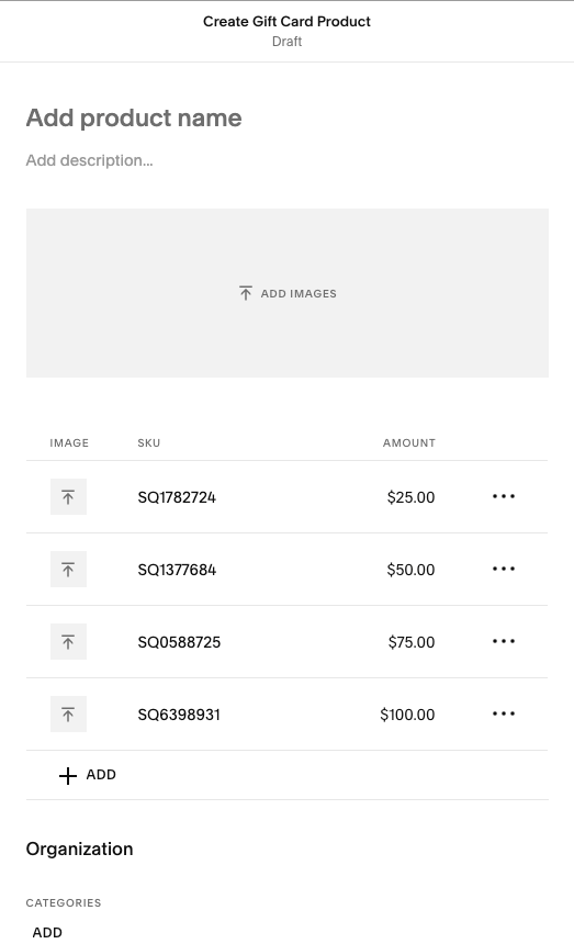 The gift card options in Squarespace