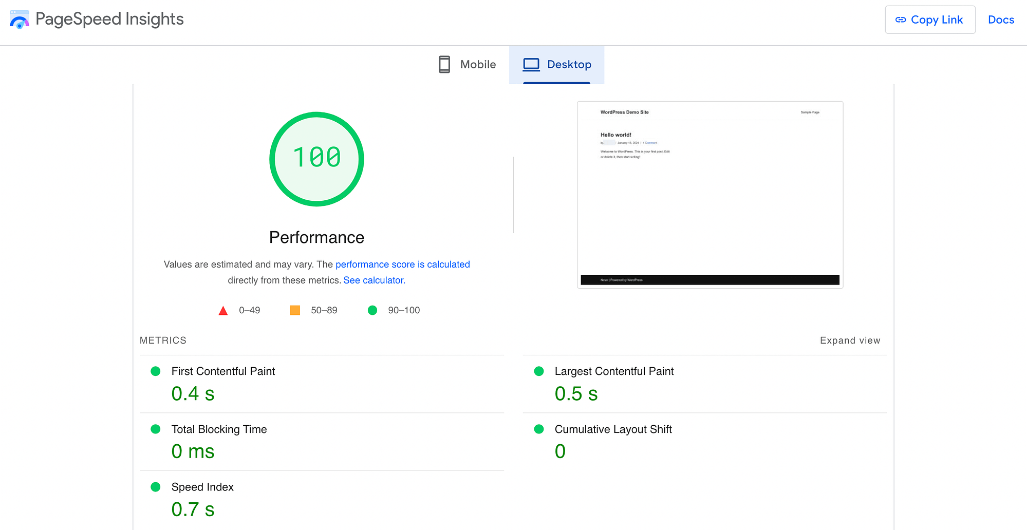 Neve theme's speed scores on Google's PageSpeed Insights
