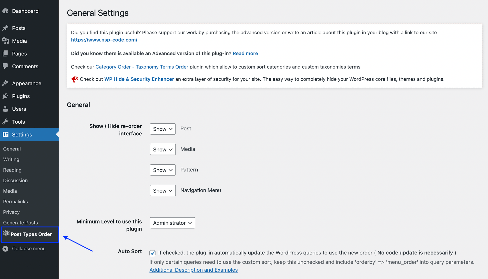 Post Types Order plugin settings
