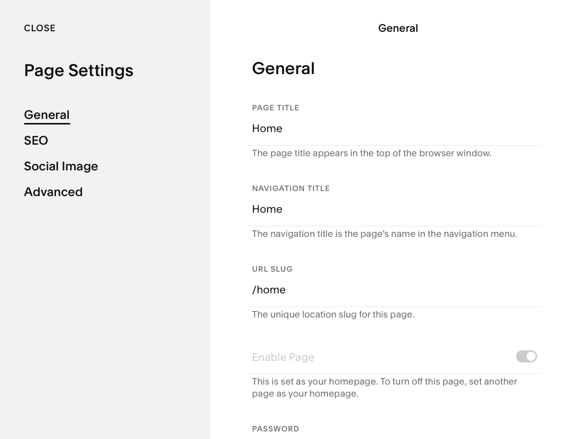 Squarespace tutorial covering the general page settings