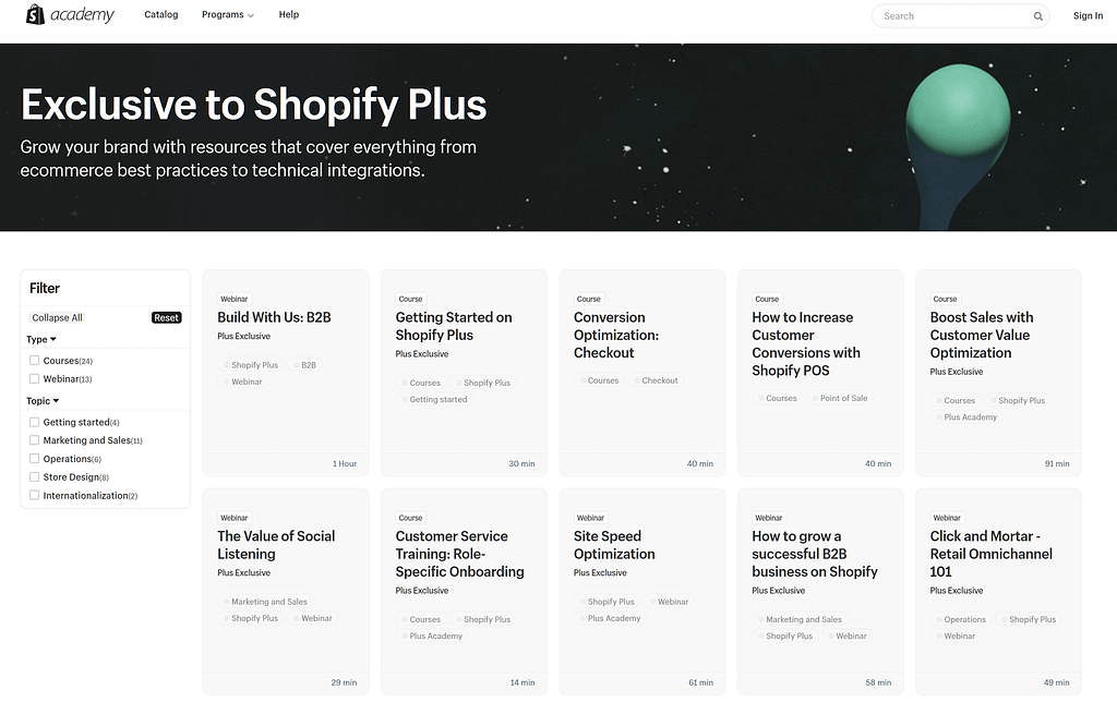 Shopify Academy courses for Shopify Plus users