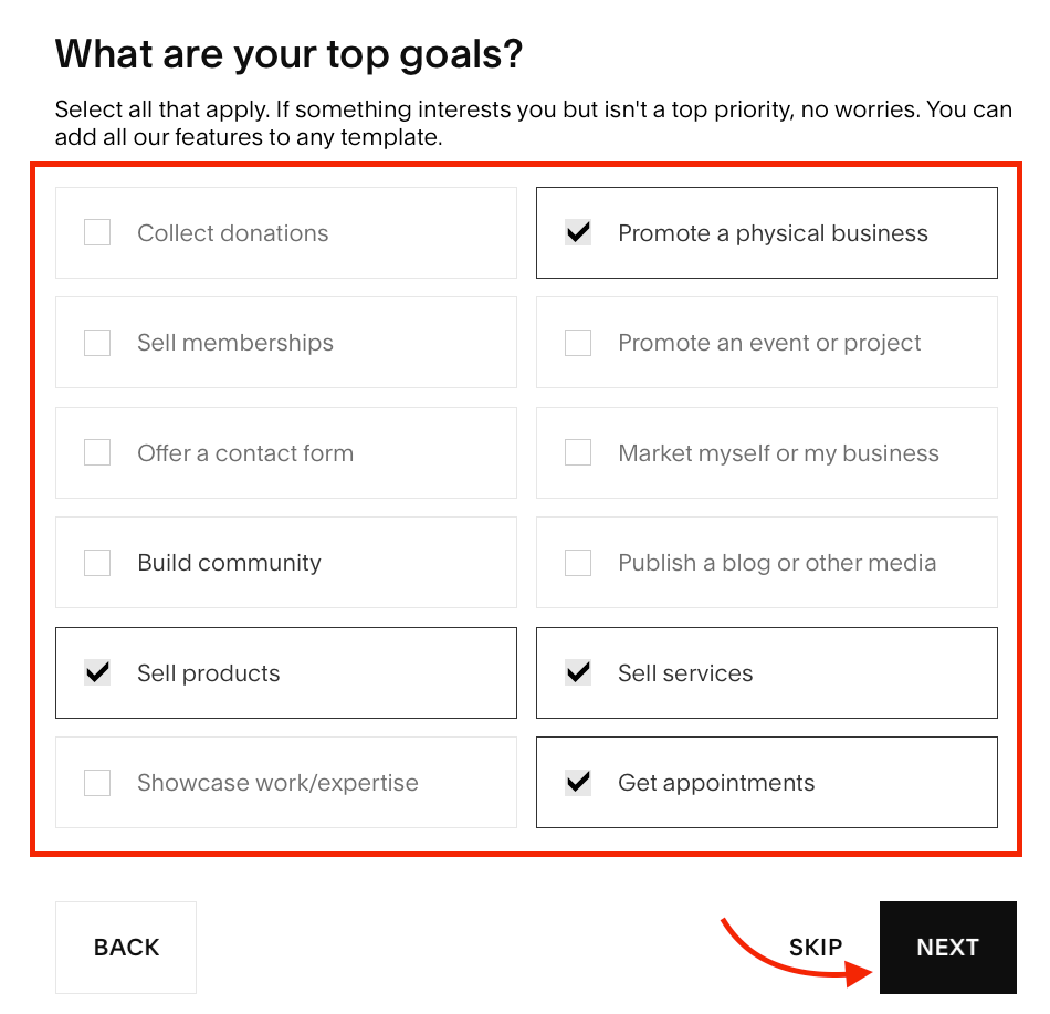 The Squarespace options for top goals will play a large role in determining which themes are shown to you